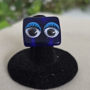 Retro Cobalt Blue Googly Eye with Lashes Statement Ring